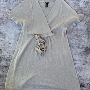 H&S Mama Maternity Dress Tunic Beige Gold thread faux Wrap Short Sleeve